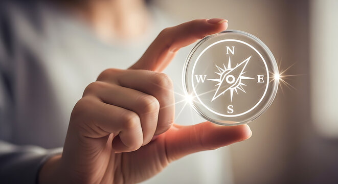 Close-up of hand holding a clear compass, indicating direction and navigation