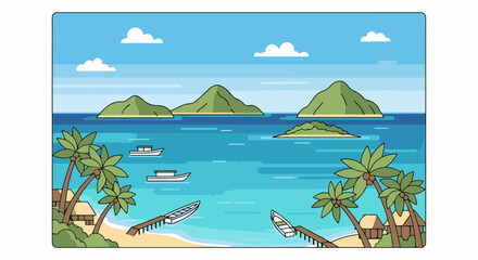 Obraz premium A tropical island paradise with boats, palm trees, and lush green hills
