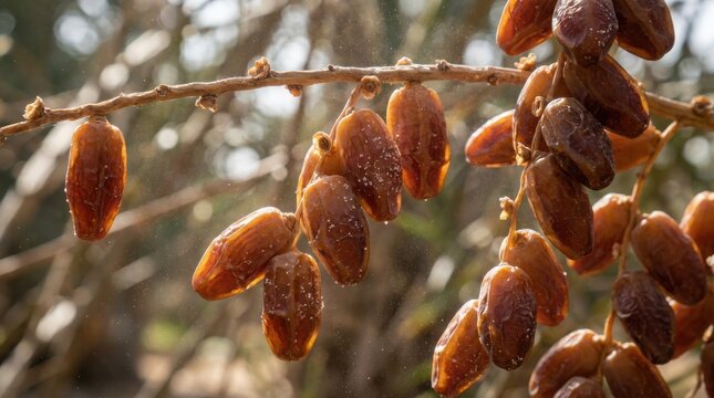 A close up view of ripe brown date fruits hanging on a slender wooden branch in a sunlit orchard.