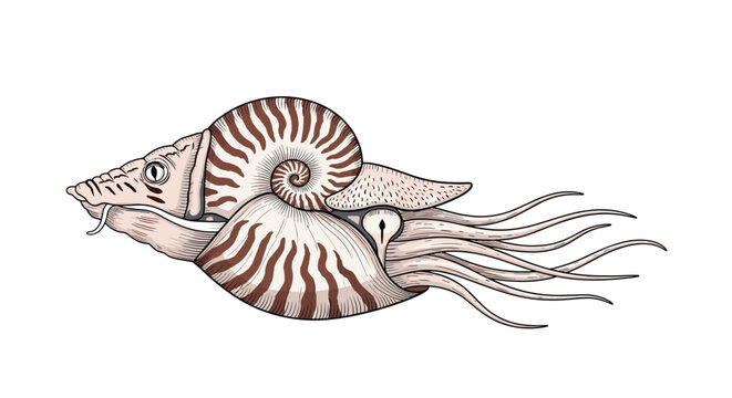 Detailed color illustration of a nautilus showing its spiral chambered shell and several tentacles in a classic natural history style.