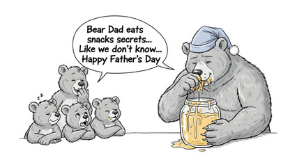 Father's Day Feast: A heartwarming cartoon illustrates a humorous Father's Day scene, where a bear father indulges in a jar of honey while his cubs look on with amused expressions. © Abu
