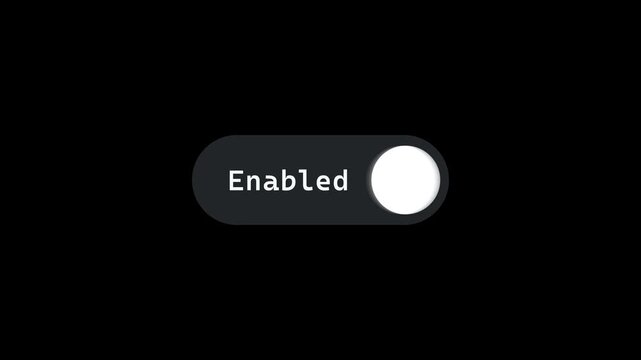 Sliding Toggle Switch Animation Enabled Black and Disabled Grey Status. Horizontal Minimalist App Button with Enabled and Disabled Text Indicator.