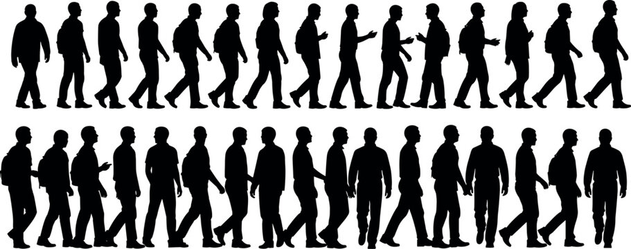 Black silhouettes of person walking sequence with backpack showing stages of stride and motion in biomechanics illustration design