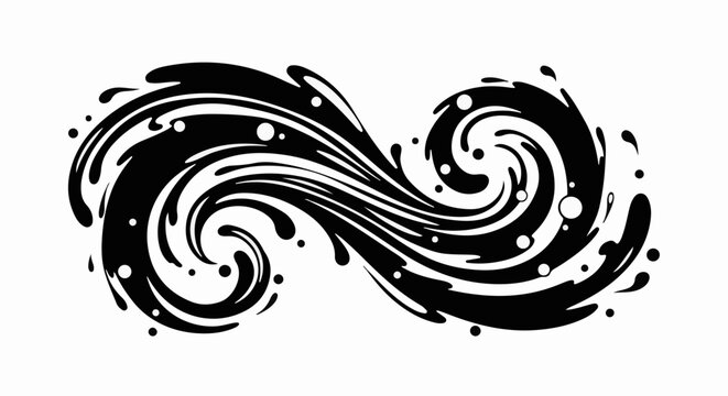 Black abstract fluid swirls with droplets and circles on white background