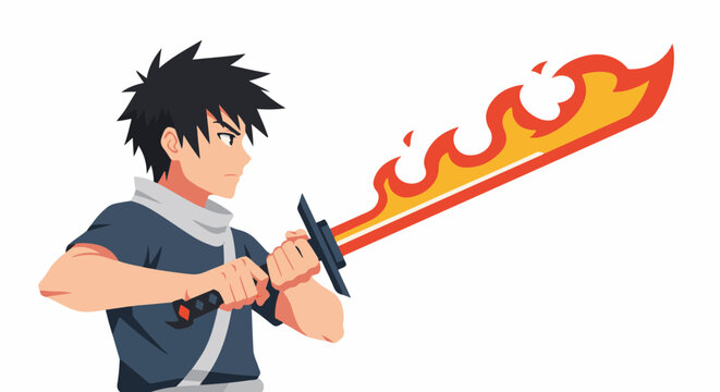 Anime-style warrior with spiky hair wielding a fiery sword, ready for battle