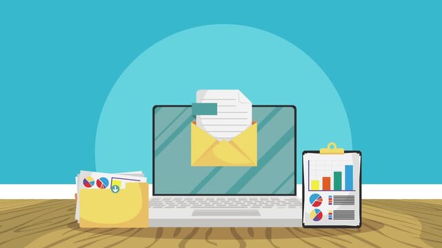 Laptop with email and documents animation, business information management and data analysis motion graphic.