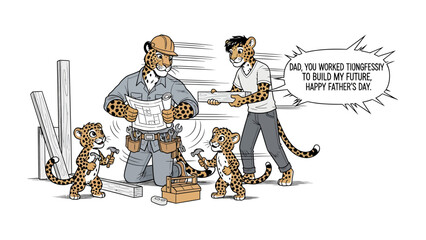 Father's Day Blueprint: A heartwarming illustration depicts a cheetah family, where the father, a builder, oversees his children in a construction project. © azizunnahar