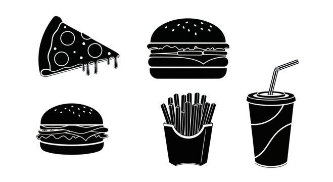 Fast Food Icons: Pizza, Burgers, Fries, and Drink - Black and White Vector Set
