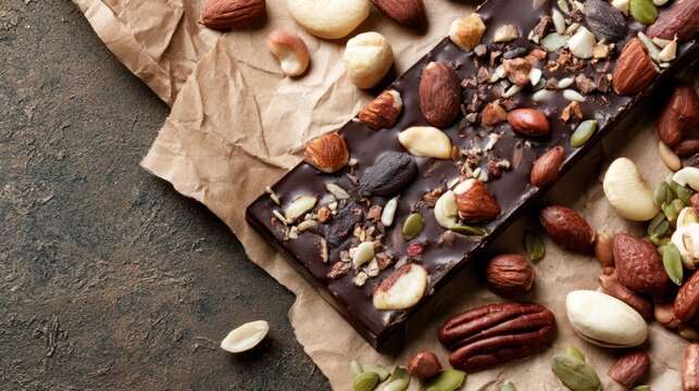 Gourmet dark chocolate bar with assorted nuts and seeds on rustic paper