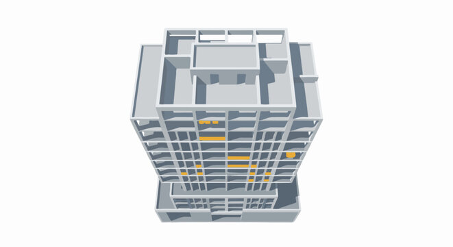 Aerial view of an abstract, multi-story building structure with geometric