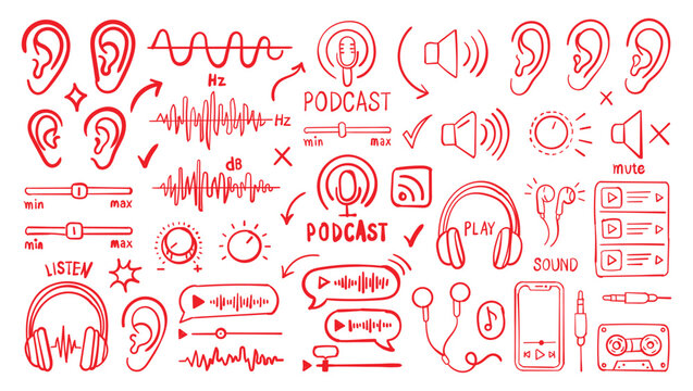 Hand drawn doodle set of podcast, audio, and sound related icons, including headphones, microphones, and volume controls