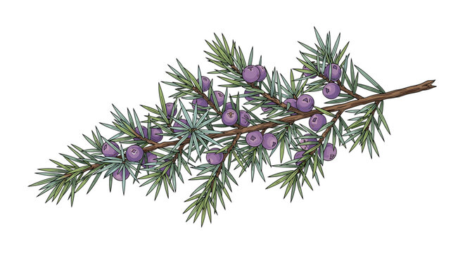 Vibrant botanical illustration of a juniper branch with many small purple berries and sharp needle like leaves in a detailed style.