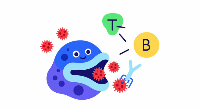 Cartoon immune cells fighting red viral invaders and interacting with T and B cells