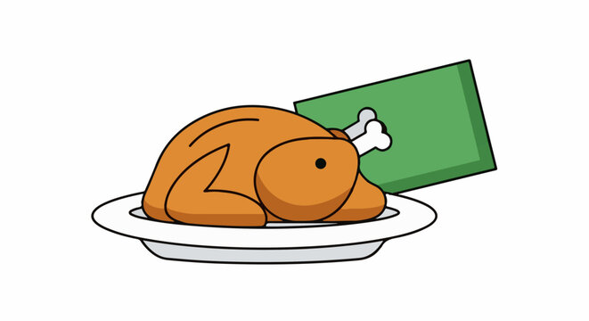 Cartoon roasted chicken on a plate with a green rectangular shape