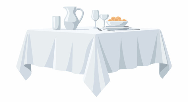 A white tablecloth draped over a table with dinnerware, glasses, and a pitcher