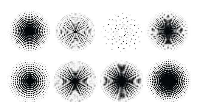 Set of eight halftone radial patterns with varying dot densities and arrangements for modern graphic and professional design use.