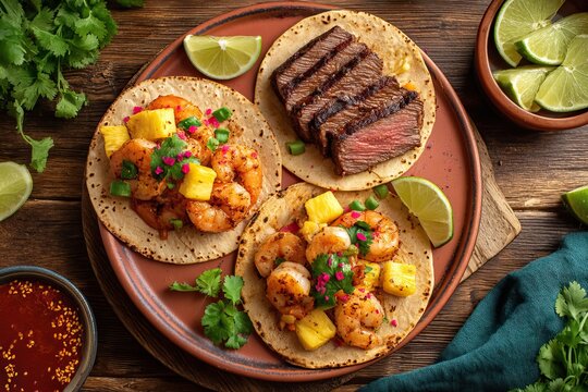 Tacos with steak and shrimp.