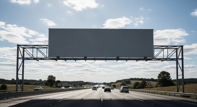 Vast, empty, rectangular billboard mounted on overhead gantry above a busy multi-lane highway, capturing an outdoor advertisement advertising space concept.