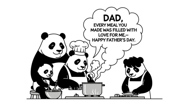 Family of Panda Celebrating Father's Day: An adorable illustrated scene of panda family cooking a special meal, expressing love and gratitude on Father's Day.