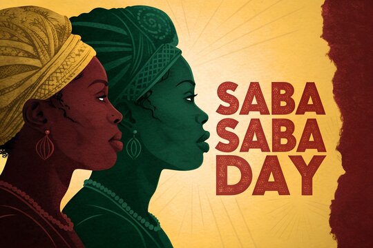 Two elegant african women wearing traditional headwraps and jewelry in profile view depicted in a vibrant artistic style to celebrate the cultural importance and heritage of saba saba day festival.