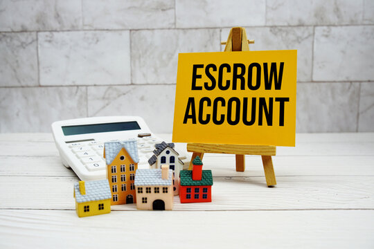 Escrow Account text with house model and calculator on wooden background