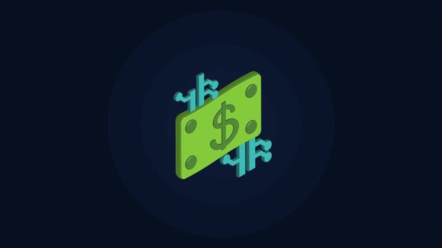 Isometric digital money banknote icon animation on dark background with circuit board elements representing fintech and cryptocurrency technology.