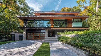 Obraz premium Modern house with a large driveway and a green lawn in front of it.