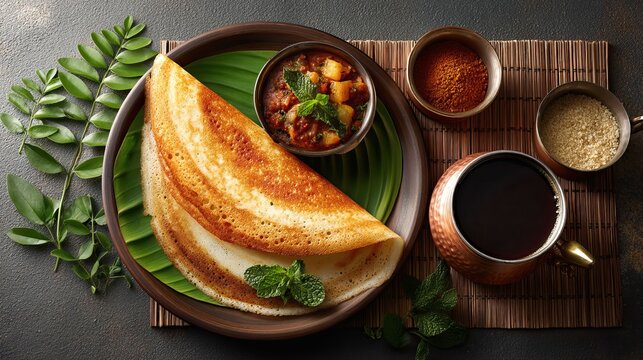 Traditional Indian dosa breakfast plate.