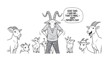 Fototapeta premium Father's Day with a Twist: A whimsical illustration captures a unique Father's Day scene with a goat-headed figure, surrounded by kids and other goats.
