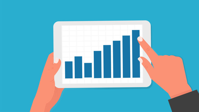 Flat illustration of a hand holding a tablet displaying a business growth chart. Suitable for analytics, finance, digital marketing, data reporting, and business technology concepts.