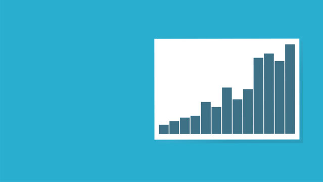 This flat illustration shows a business growth bar chart on a sheet of paper with a blue background. Suitable for financial, analytical, statistical, investment, and business presentations.