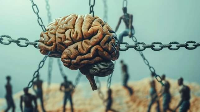 A human brain hangs from chains with a blurred background of people in the distance, representing the concept of mental enslavement.