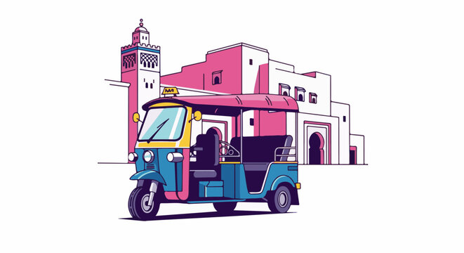 Colorful tuk-tuk auto rickshaw parked before a pink and white Moorish building