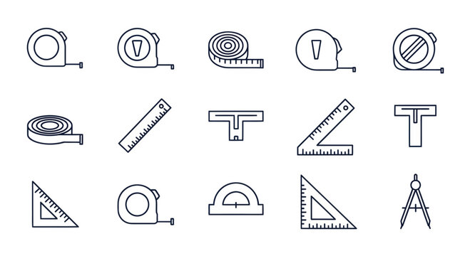 Set of Measuring Tools Icons: Tape Measure, Ruler, Protractor, Compass