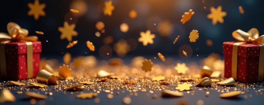 Golden foil confetti falls on glitter background Elegant festive design , falling, metallic, abstract