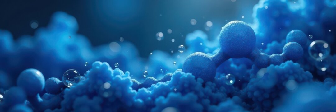 Intricate blue molecules, effervescent bubbles, abstract backdrop, pattern, atom, formula