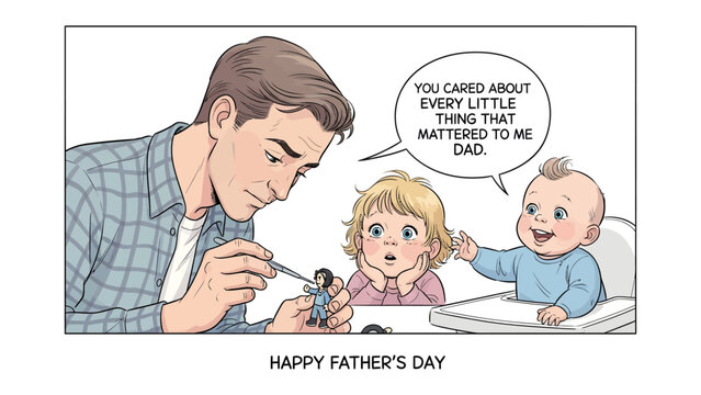 Father's Day Dedication: A tender moment unfolds as a father lovingly attends to a small toy with his children, each captivated by his care. Their interaction paints a portrait of affection.