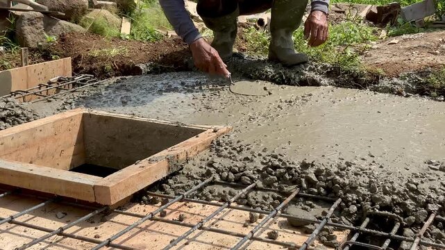 Construction worker leveling wet concrete around a wooden formwork for a drainage system