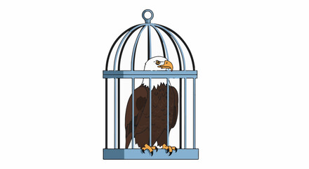 Fototapeta premium An eagle is trapped inside a blue birdcage on a white background