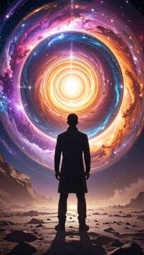 A man stands before a vibrant, cosmic portal
