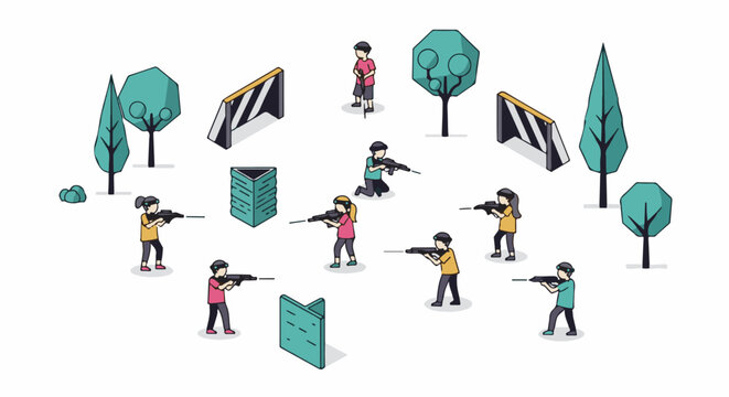 Children play a laser tag game in a park with obstacles and trees