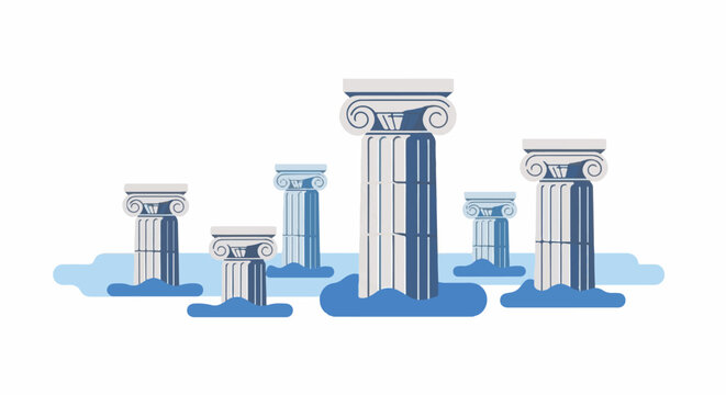 Classic ancient columns emerge from blue water waves, symbolizing strength