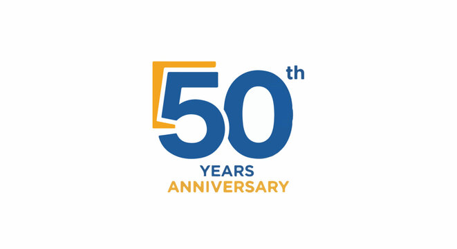 Blue and orange 50th anniversary text graphic with white background
