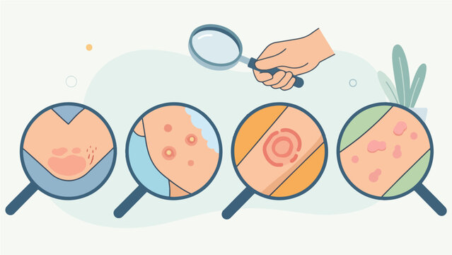 Skin Disease Diagnosis with Magnifying Glass, Flat Illustration Showing Four Types of Skin Conditions Including Eczema, Chickenpox, Ringworm, and Psoriasis Dermatology Medical Examination Concept