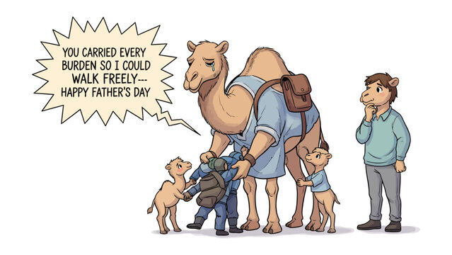 A Camel's Burden: A touching illustration portrays a camel, symbolizing a father figure, bearing the weight for his children on Father's Day, illustrating unconditional love and care.