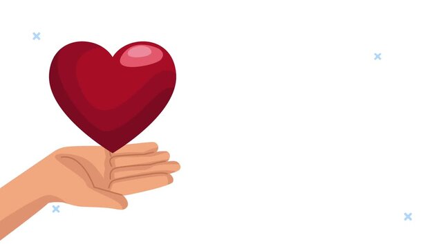 Animated hand holding a vibrant red heart, symbolizing love, care, and compassion, against a clean white background.