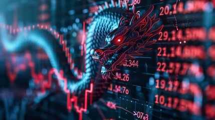 Fototapeta premium A close-up of a glowing, metallic dragon figurine in front of a blurred stock ticker screen.