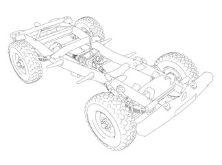 Detailed sketch of a chassis with visible four-wheel drive system, wheels, and contour lines on a bright white background. © German Ovchinnikov