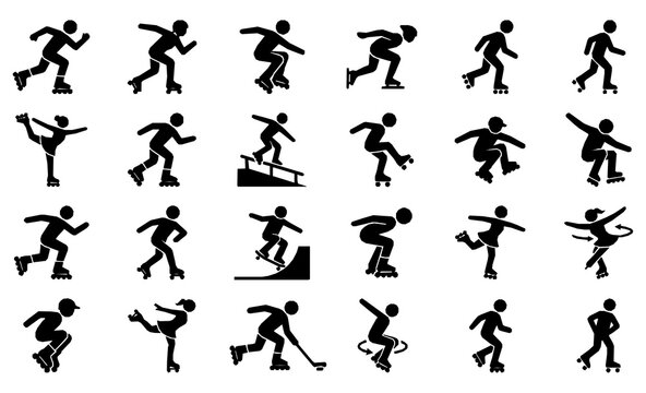 Roller Skating and Inline Skate Silhouette Icon Set Collection