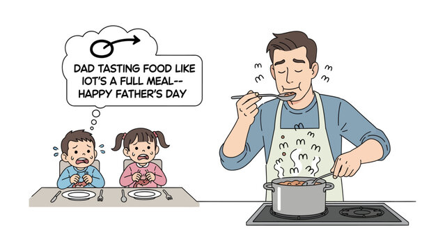 Father's Day Feast: A heartwarming depiction of a father preparing a delicious meal while his children eagerly anticipate the feast, encapsulating the spirit of Father's Day.
